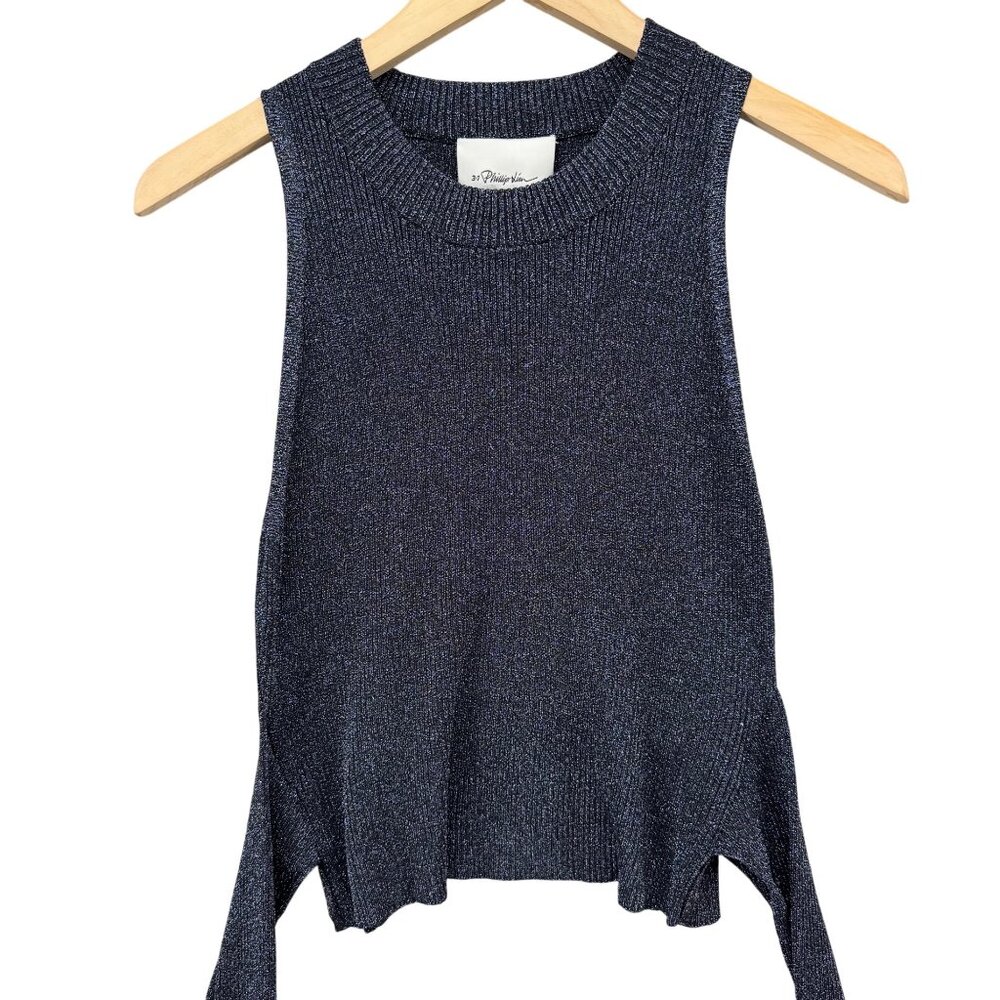 3.1 Phillip Lim Top Womens Dark Blue Lurex Tie Waist Sleeveless Rib Knit Size M